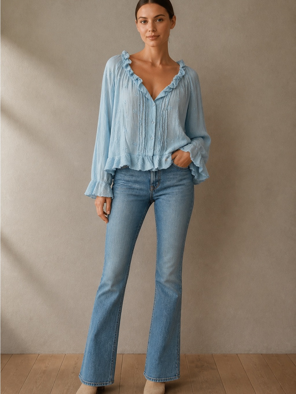 Kimchi Blue Light Blue Comfy Casual Ruffled Button-Front Blouse w/ Flare Sleeves